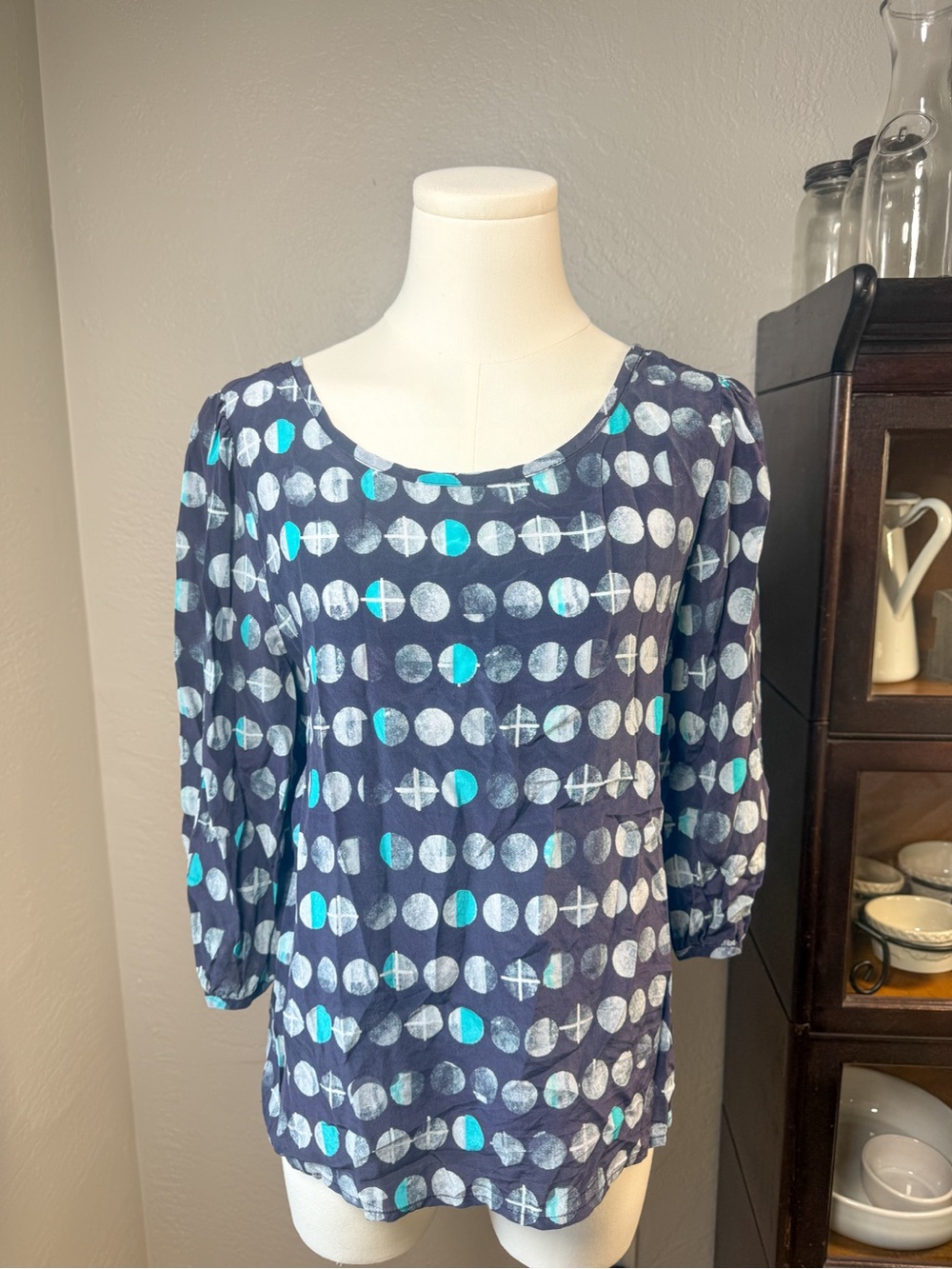 HD in Paris 100% Silk Blue Retro Polka Dot Blouse Open Back Top Size M